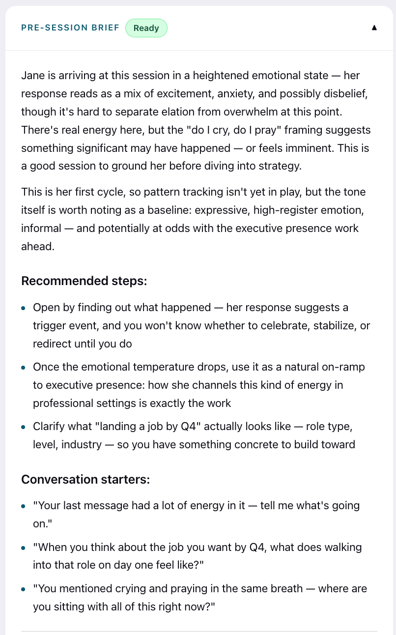 Example pre-session brief with a client summary, recommended steps and conversation starters